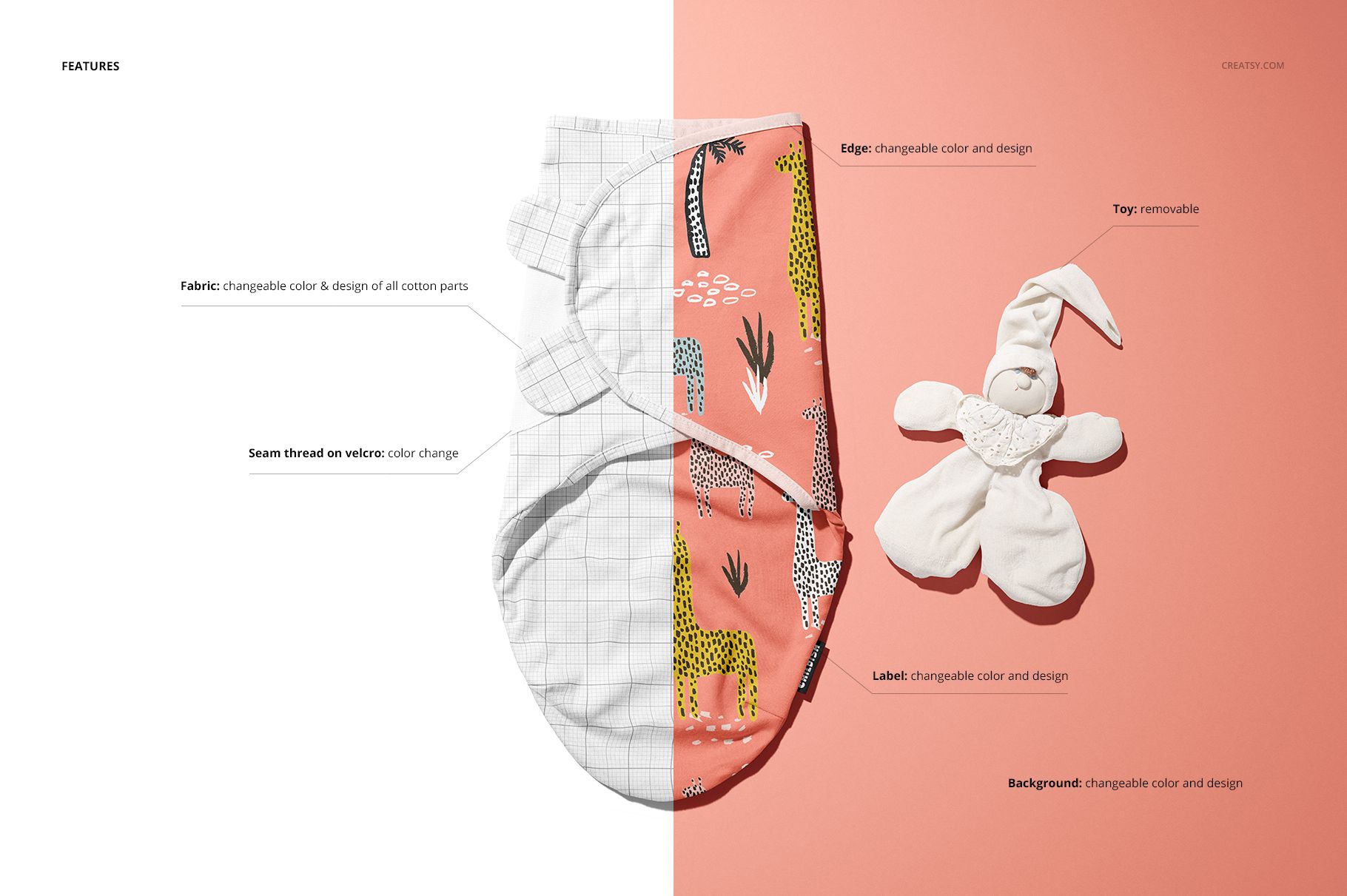 Adjustable baby swaddle wrap mockup displayed flat, featuring a split design with white grid and pink animal print, next to a removable plush toy on a pink background.