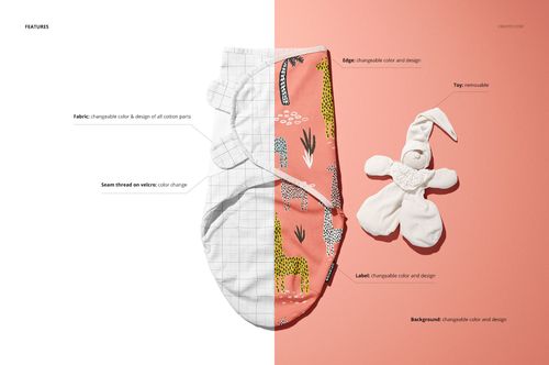 Adjustable baby swaddle wrap mockup displayed flat, featuring a split design with white grid and pink animal print, next to a removable plush toy on a pink background.