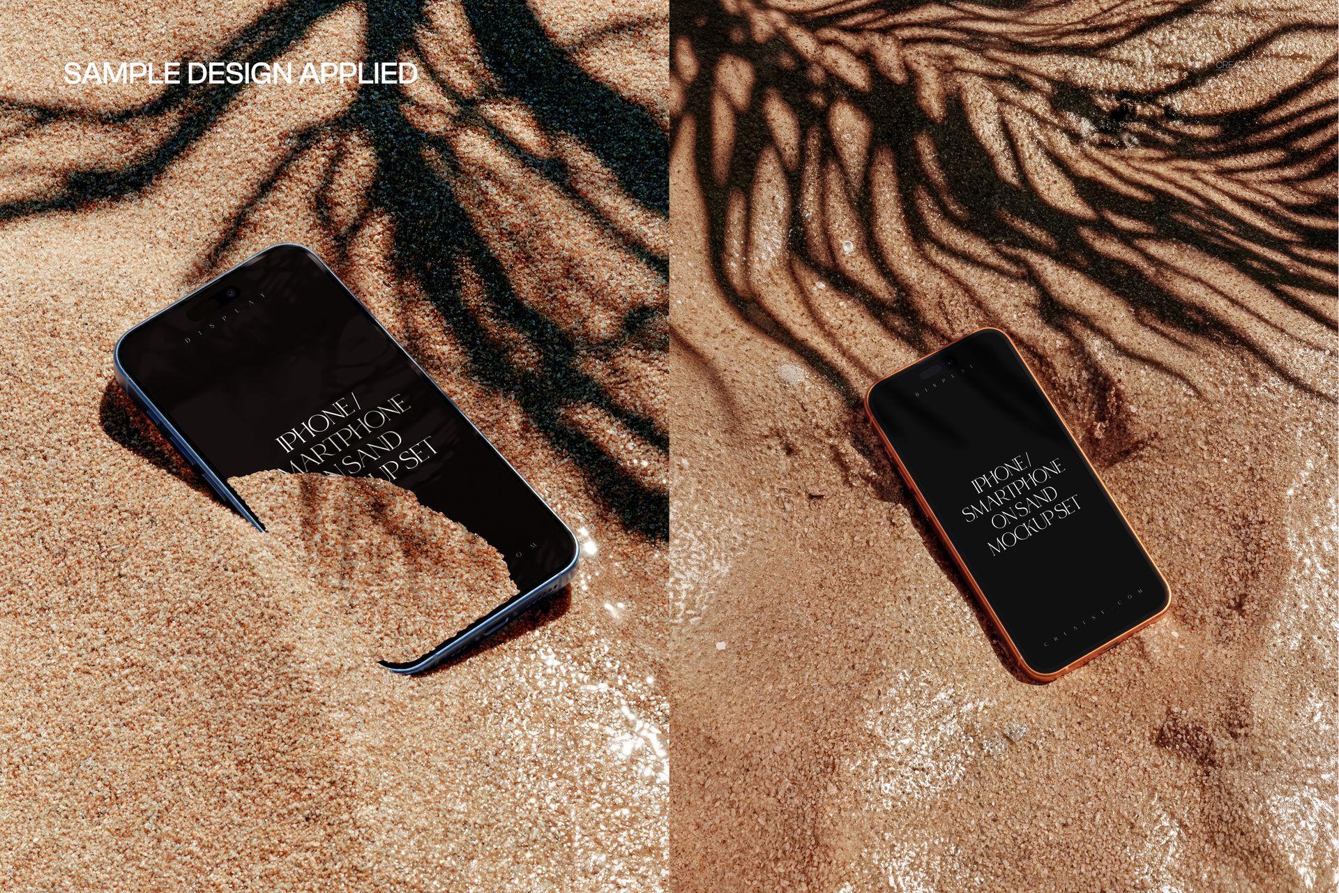 PSD mockup featuring two iPhone smartphones on sandy surface, one angled and one flat, with natural shadows.