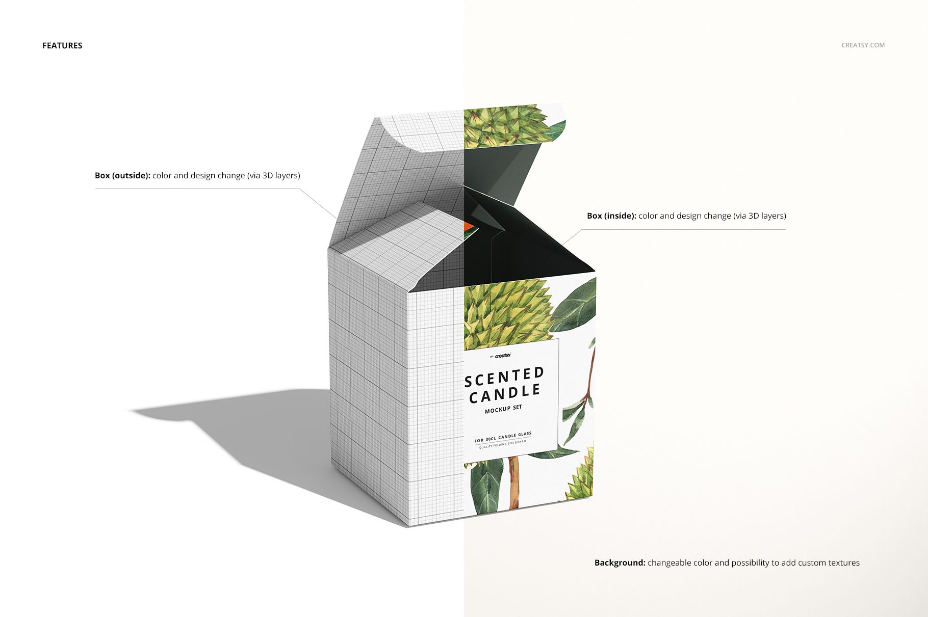 Front view of an open candle box mockup with grid pattern and botanical artwork, placed on a light background.