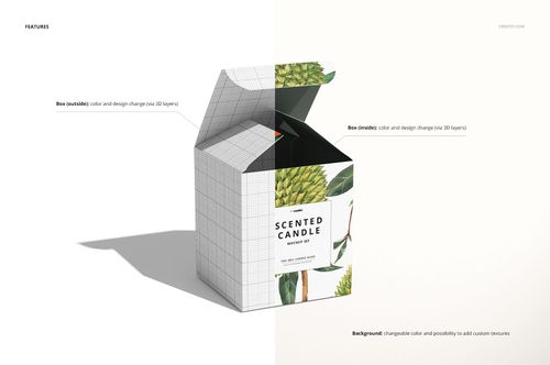 Front view of an open candle box mockup with grid pattern and botanical artwork, placed on a light background.