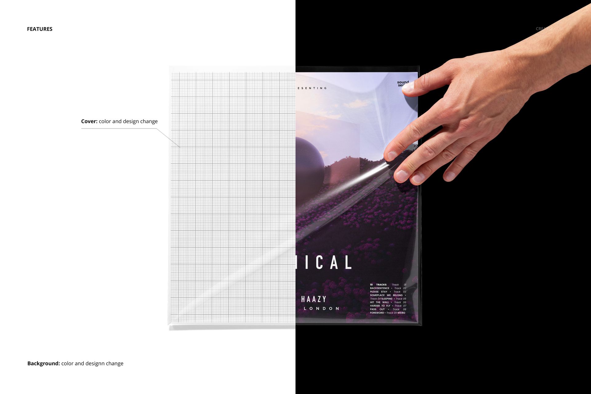 Vinyl record cover mockup in a transparent sleeve, grid overlay on left, realistic design on right, hand adjusting sleeve.