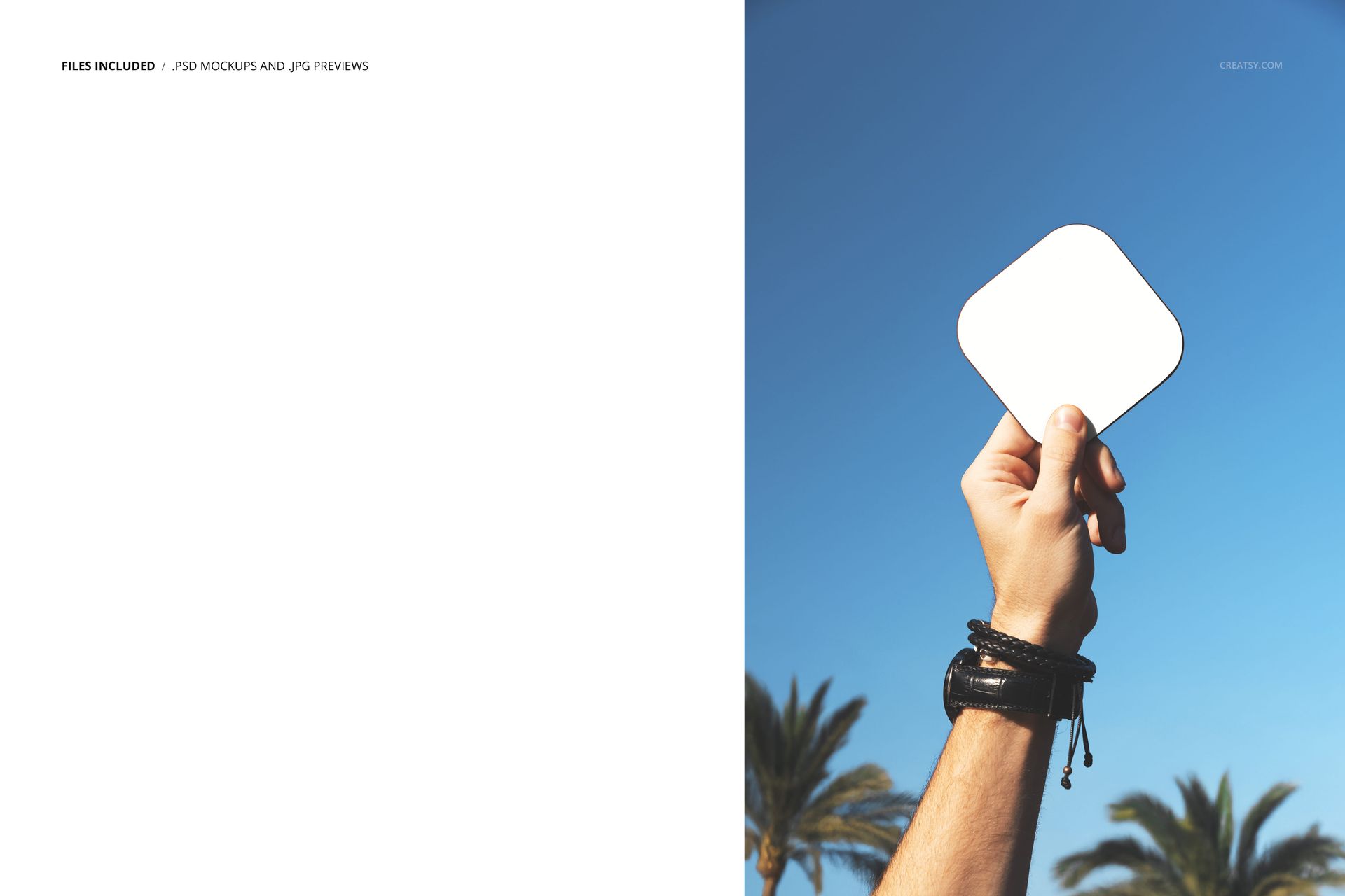 PSD mockup of a blank drink coaster being lifted outdoors, blue sky and tropical palm trees in the background.