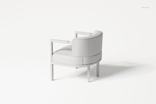 Modern armchair with curved backrest and angular frame in light gray, shown from a rear side perspective on white.
