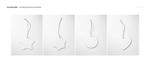 Set of four Christmas ceramic ornaments mockup in star, scalloped, round, and heart shapes on white background.