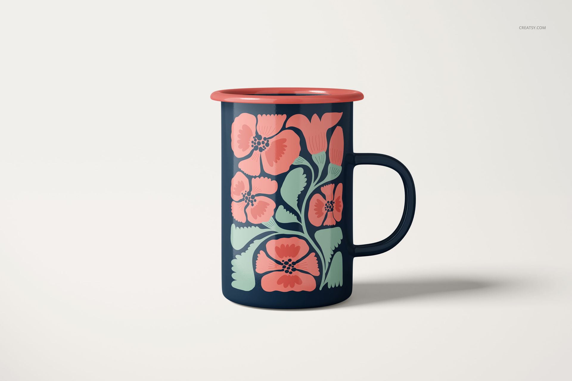 450ml enamel mug mockup featuring a navy blue surface and bold pink flowers, displayed in a front-facing view.