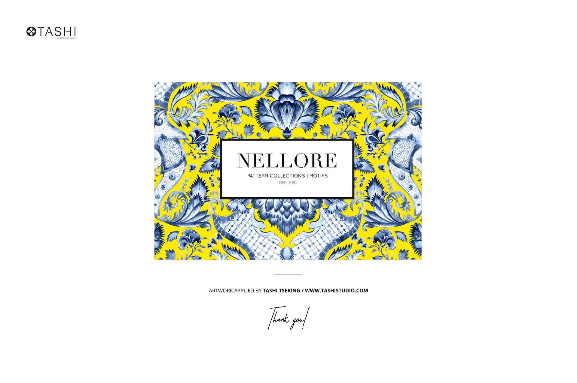 Heart-shaped cup mockup with ornate blue and yellow floral pattern, shown from a top view with a matching saucer.