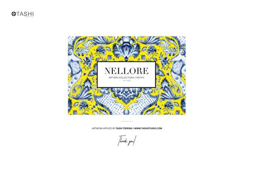 Heart-shaped cup mockup with ornate blue and yellow floral pattern, shown from a top view with a matching saucer.