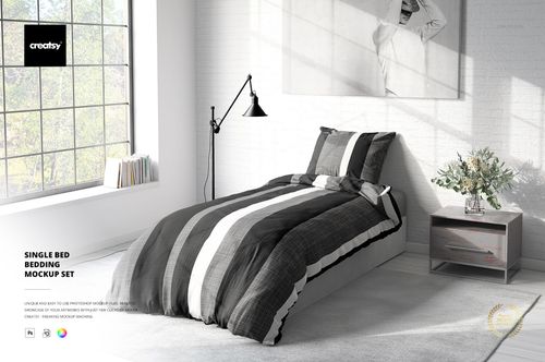 Mockup of a single bed featuring bold vertical stripes on the bedding, set in a modern room with natural light.