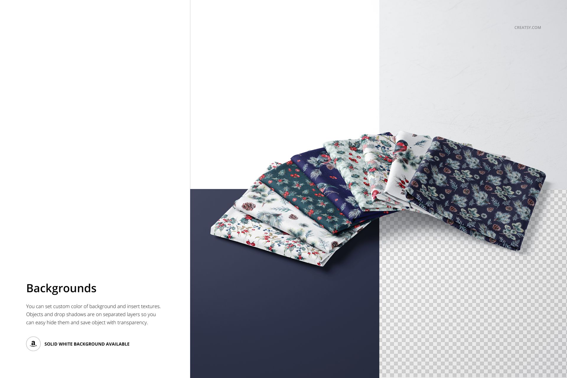PSD mockup showing multiple folded fabric samples with botanical prints, presented on contrasting dark and light surfaces.