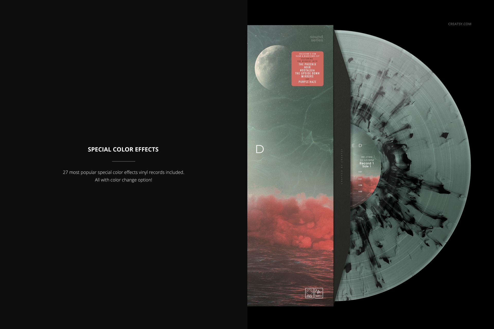 Top view of a translucent colored vinyl record with black splatter pattern next to a sleeve and album cover mockup.