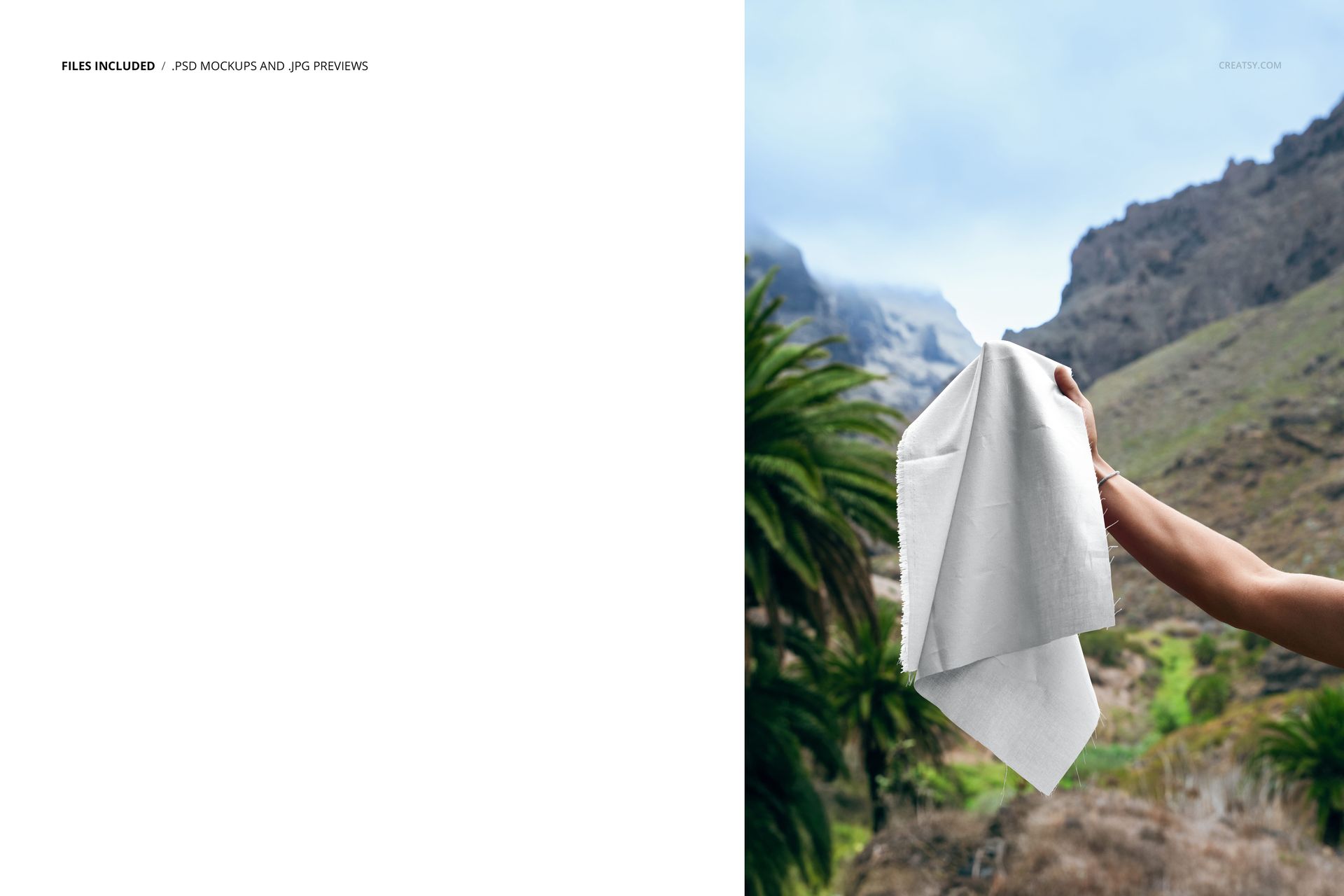 Person displays a blank fabric swatch in a tropical outdoor setting with palm trees and rocky hills, PSD mockup scene.