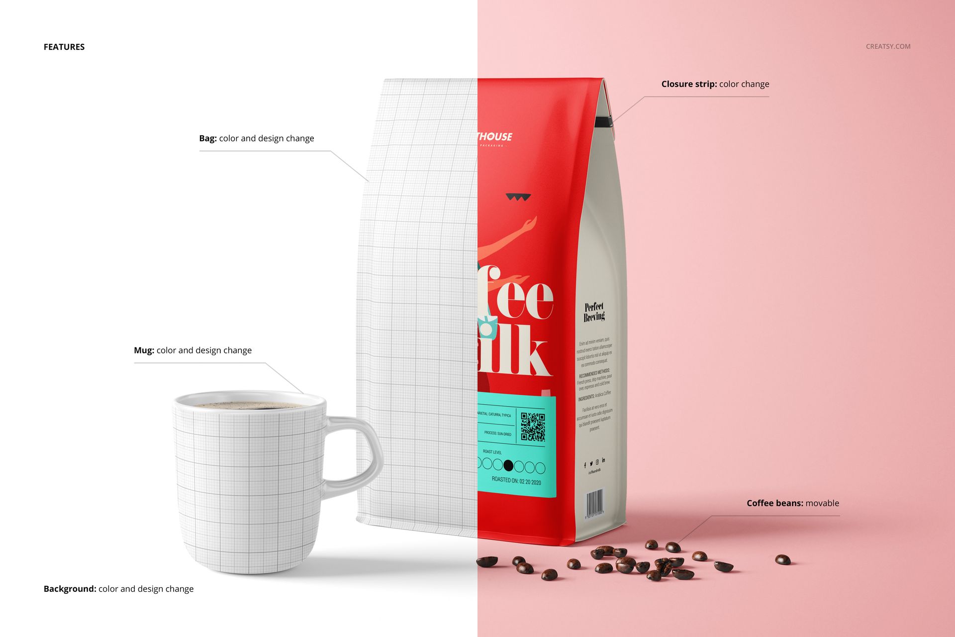 Side gusset bag and coffee mug mockup shown in a split scene, with editable grid pattern and scattered coffee beans.