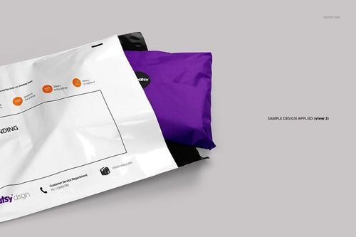 Front view of a mailing bag mockup with a white exterior featuring printed icons and text, partially revealing a purple package inside.