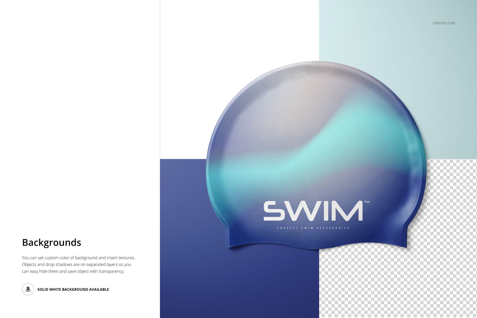 Swim cap mockup with a smooth gradient of blue and teal colors, front view on a split background with white and transparent sections.