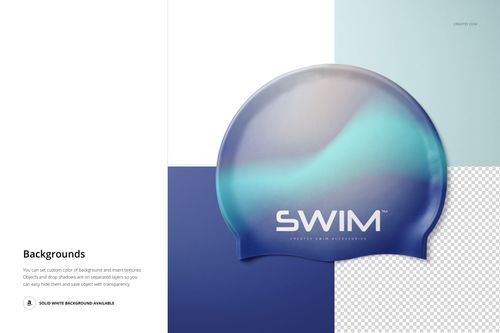 Swim cap mockup with a smooth gradient of blue and teal colors, front view on a split background with white and transparent sections.