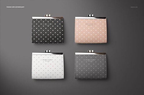 Set of four wallet purses in different colors with metallic clasps and heart motifs, displayed in a front view mockup.