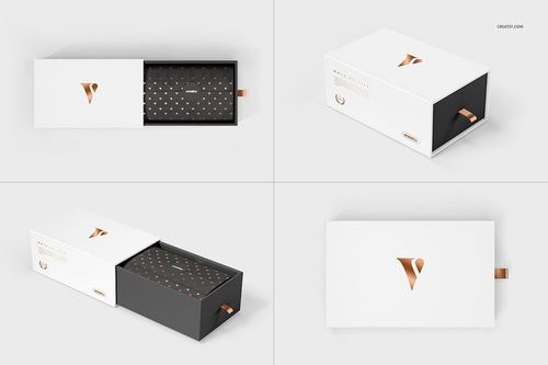 Rectangular gift box mockup set shown from multiple angles, featuring white and black boxes with gold accents.
