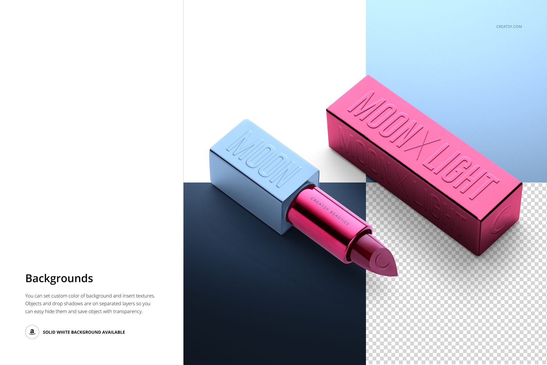 Close-up of a lipstick mockup set featuring blue and pink rectangular tubes and caps, shown on a geometric background.