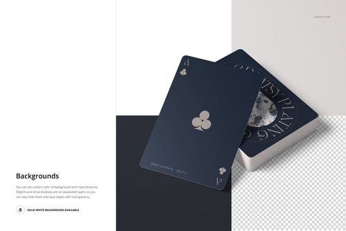 PSD mockup featuring two playing cards with a navy club pattern, displayed on a white box with a minimalist setting.