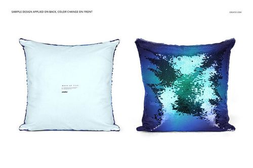 Reversible mermaid sequin pillow mockup showing a vibrant blue-green sequin front and solid light backside.