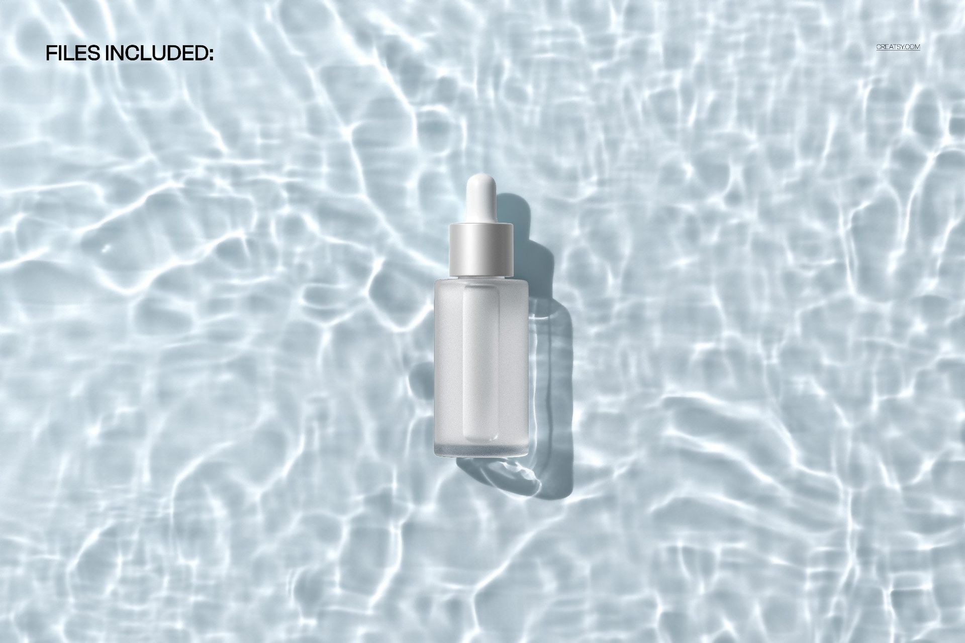 Transparent serum bottle mockup with white dropper cap on clear water ripples, top view with soft sunlight.