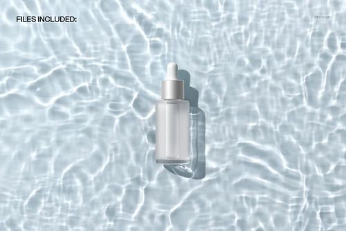 Transparent serum bottle mockup with white dropper cap on clear water ripples, top view with soft sunlight.