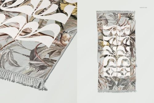 Fringed beach towel mockup featuring a botanical pattern with birds, shown in close-up and top view perspectives.