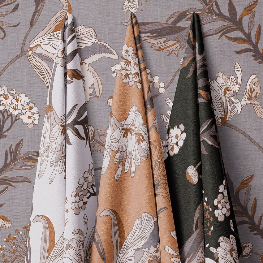 Hanging fabrics mockup showing detailed flower prints in neutral and earthy colors, set against a coordinating background.