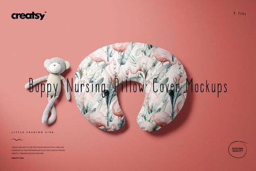 Mockup of a nursing pillow cover with flamingo and leaf pattern, accompanied by a plush toy, displayed on a pink background.