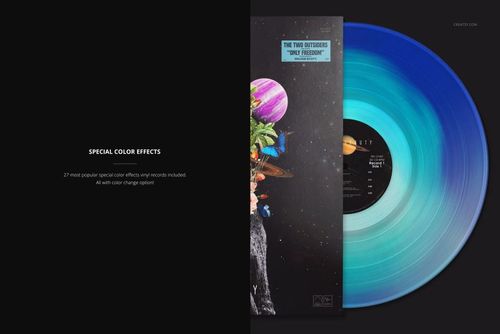 Translucent blue and turquoise vinyl record mockup shown in a sleeve featuring a space-themed illustration and planets.