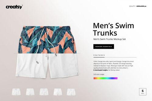 Front view of men's swim trunks mockup with tropical leaf pattern in green and orange, displayed on a white background.