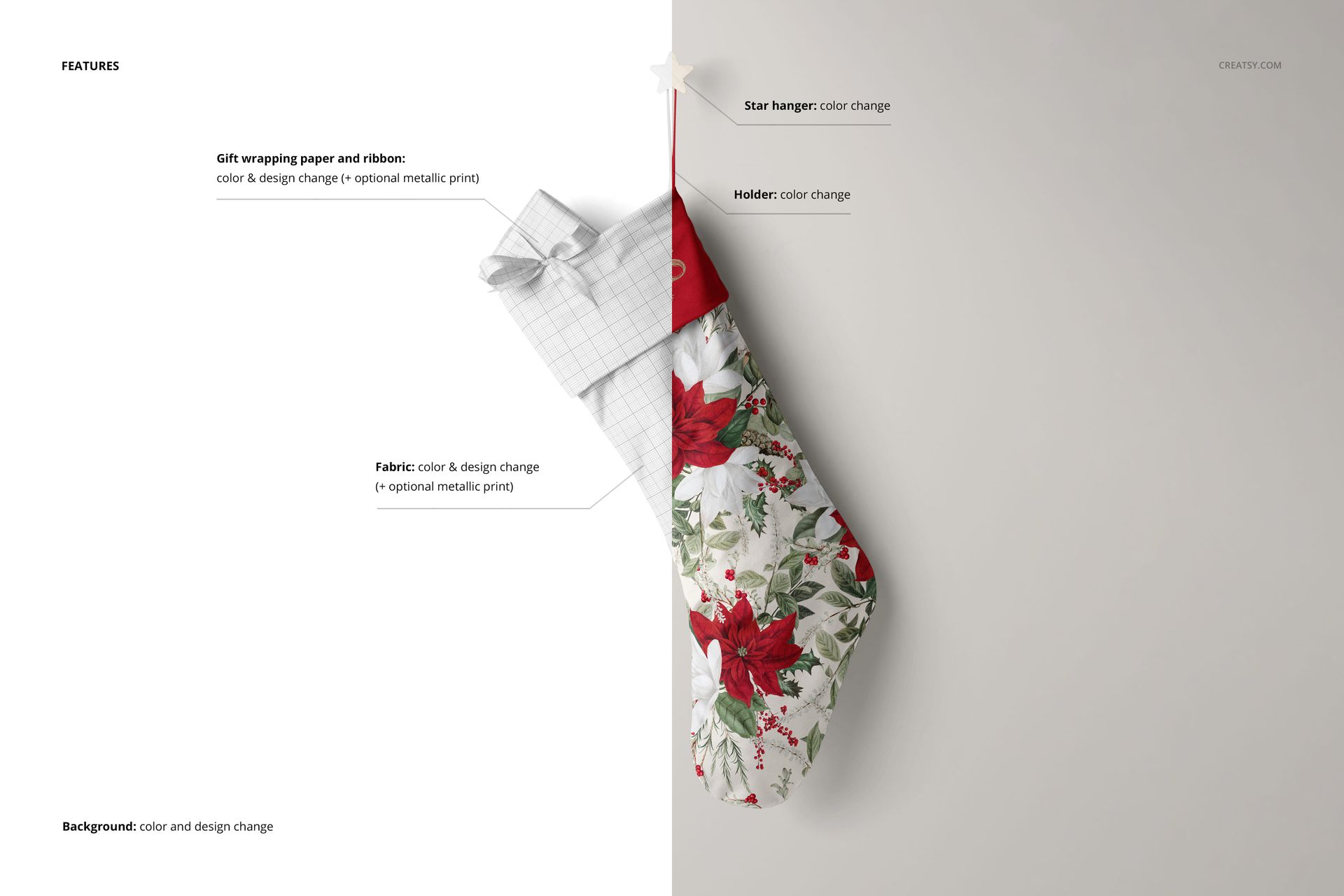 Front view of a Christmas stocking mockup with red and white poinsettia pattern, hanging on a light wall with a star-shaped hanger.
