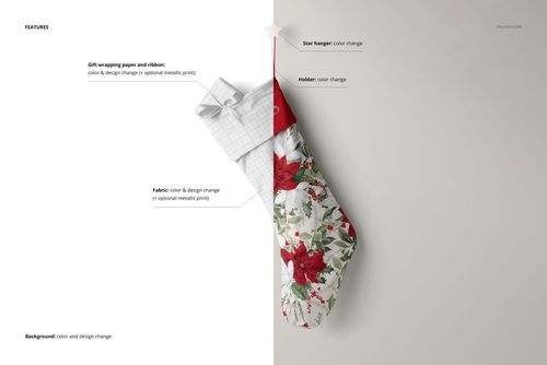 Front view of a Christmas stocking mockup with red and white poinsettia pattern, hanging on a light wall with a star-shaped hanger.