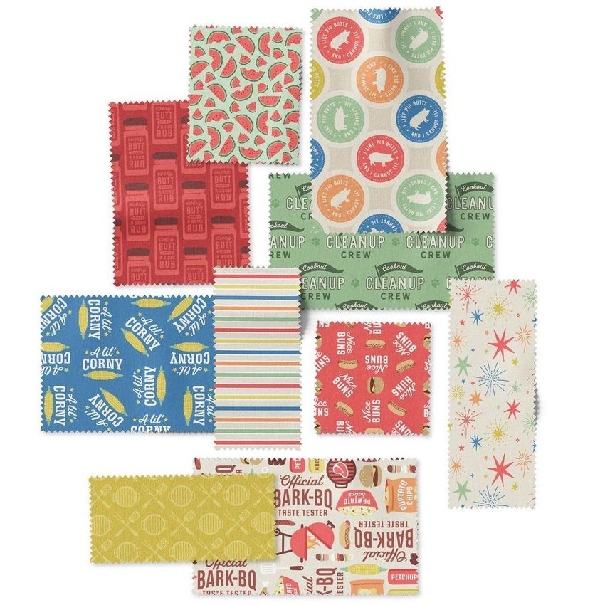 Fabric swatches mockup showing ten rectangular fabric pieces with colorful patterns, arranged on a white background.