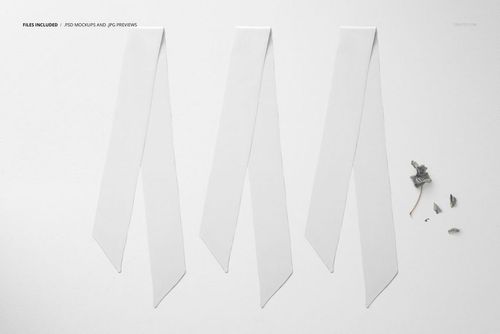 Three elongated white twilly scarves displayed in a PSD mockup, placed on a light background with small accessories.