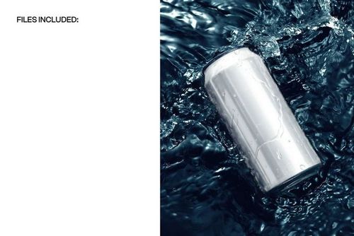 Metallic beverage can mockup partially submerged in deep blue waves, viewed from a close-up angle.