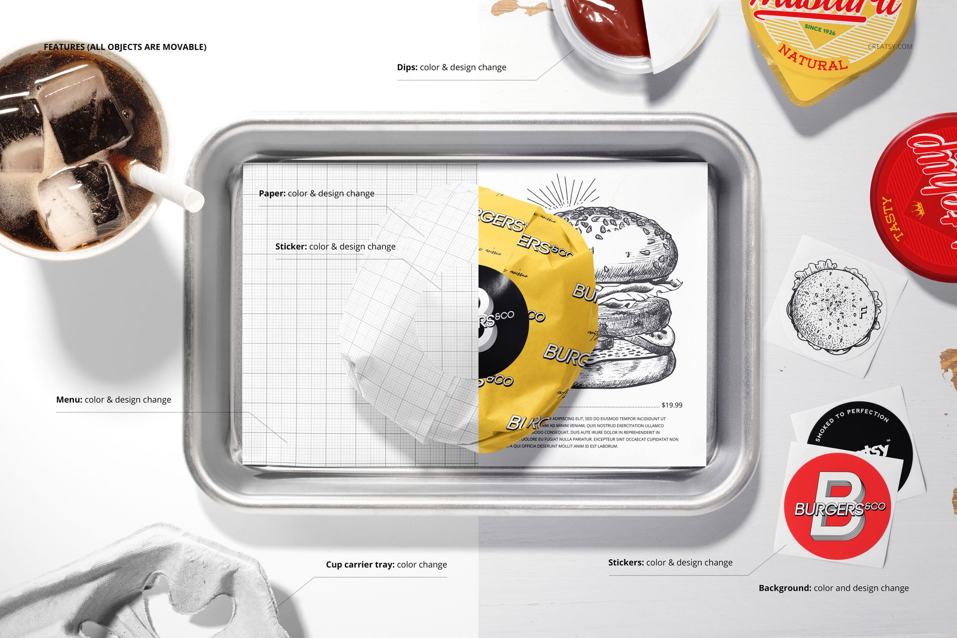 Burger wrapped in yellow patterned paper on a metal tray, with mockup design elements and food props arranged around.