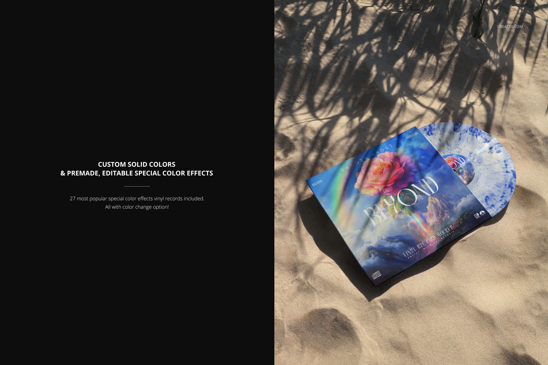 PSD mockup showing a vinyl record and album cover with vibrant design set on a sunlit sand dune.