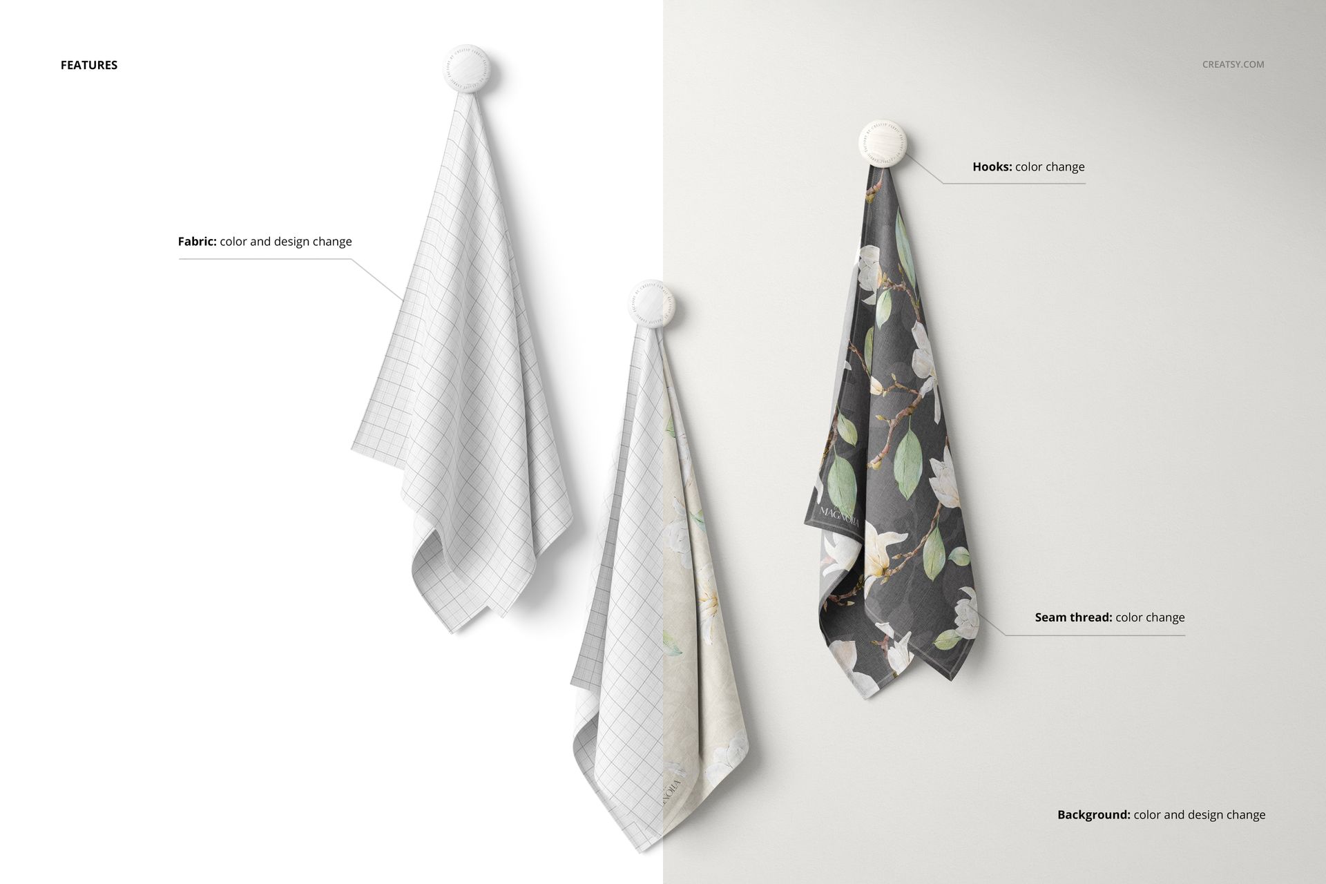 PSD mockup displaying three textile samples on hooks, each with distinct designs and customizable color options.
