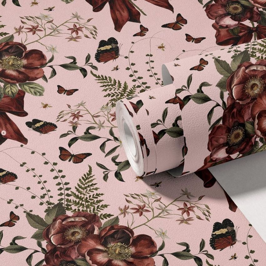 Non-woven vinyl wallpaper mockup featuring a floral and butterfly pattern on a soft pink background with rolled wallpaper.