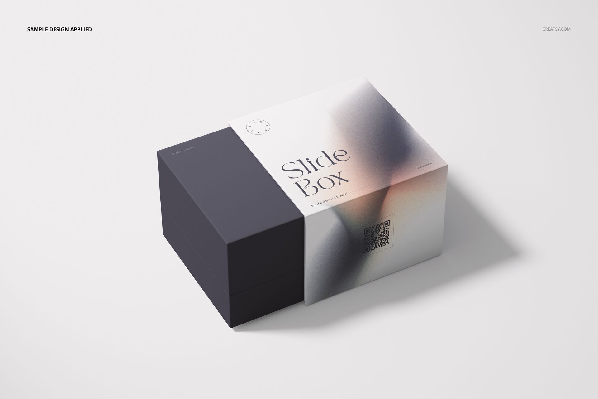 Slide gift box mockup featuring a black sliding cover and white bottom, displayed in a minimalist setting.