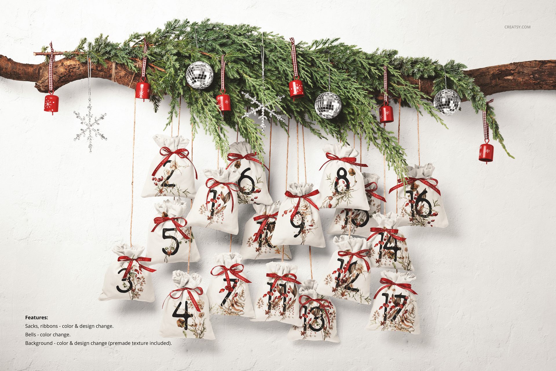 Christmas advent calendar mockup featuring numbered drawstring sacks hanging from a branch with pine greenery and ornaments.