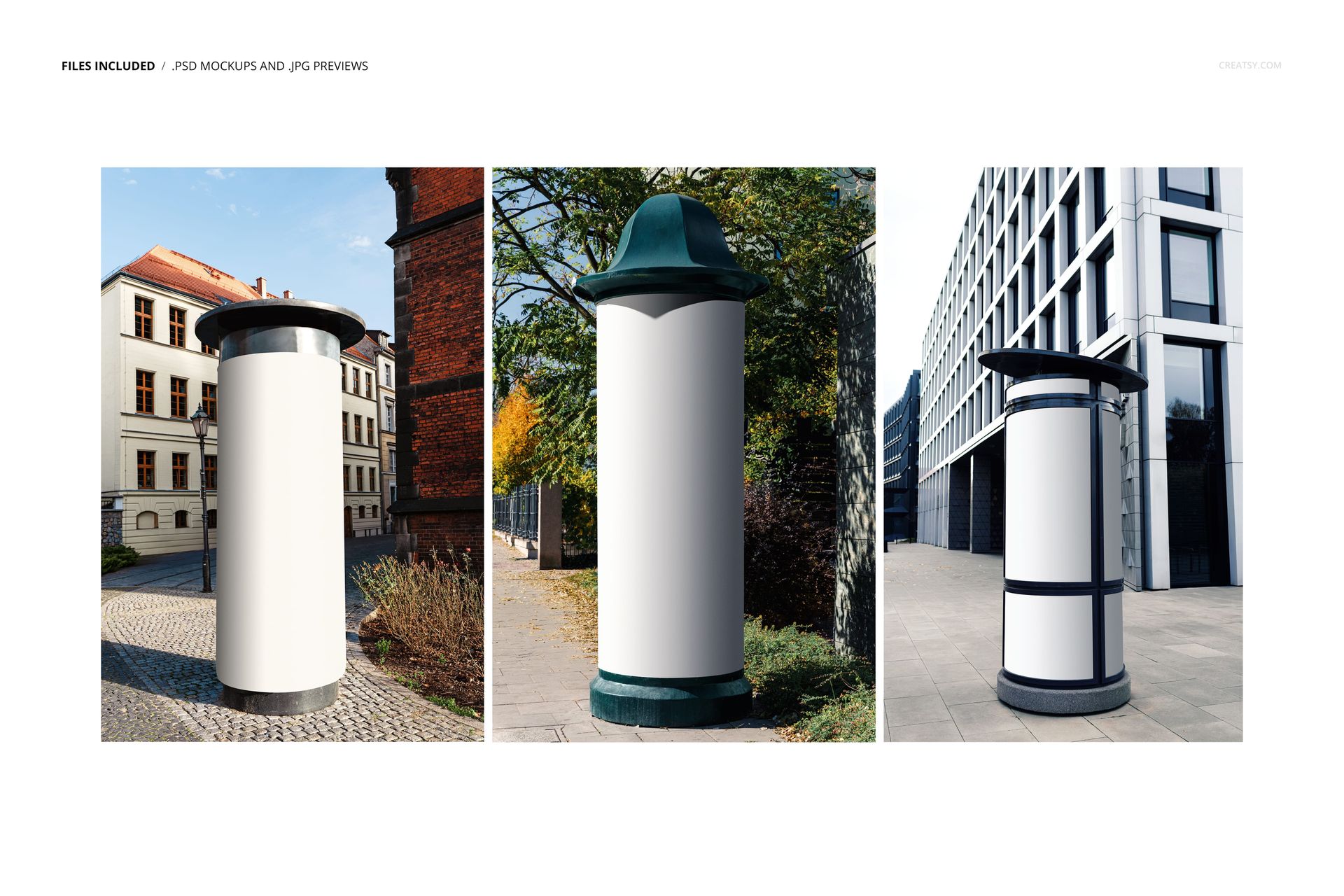 Three advertising columns with blank white surfaces shown outdoors in urban and park settings, front view mockup.