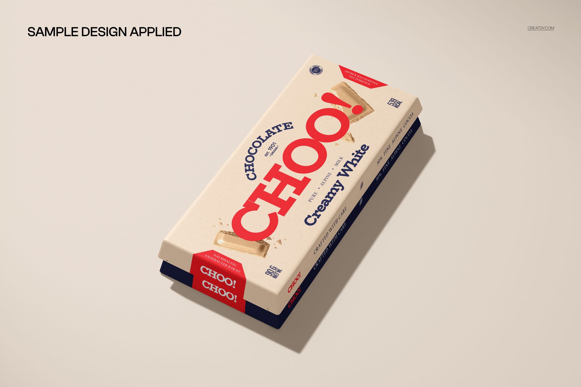 Creamy white chocolate bar packaging mockup with bold red lettering, displayed at an oblique angle on a plain background.