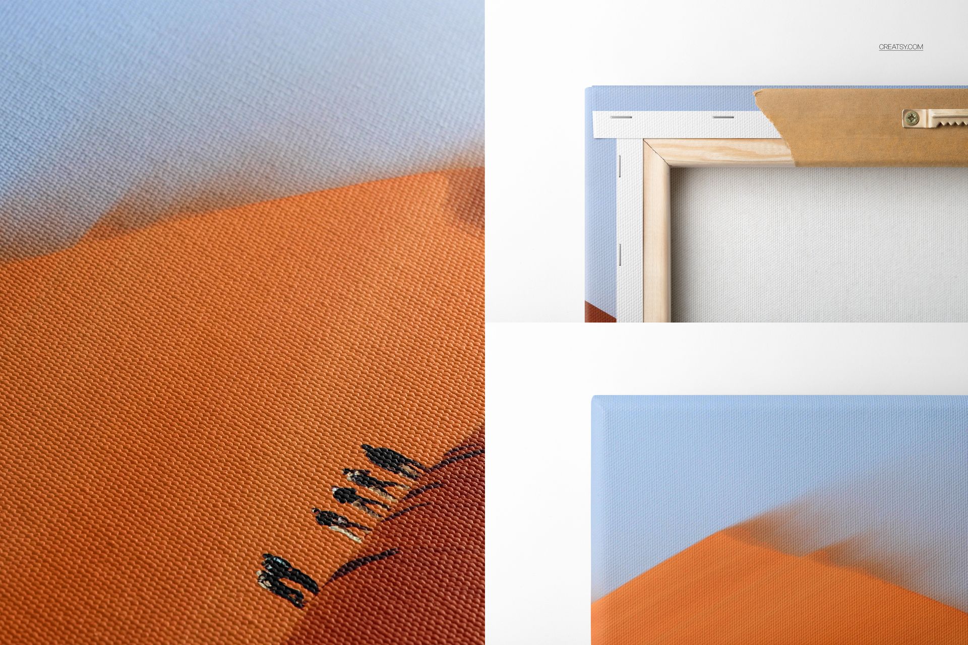 Closeup of a canvas print mockup featuring an orange and blue abstract design, with visible texture details.