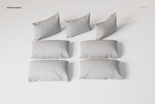 Six rectangular sleeping pillows in light gray fabric, arranged in two rows on a plain white surface, top view.