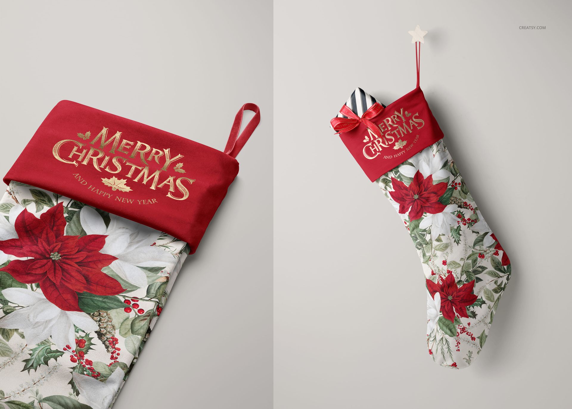 Christmas stocking mockup with red cuff and festive floral pattern, shown from front and top perspectives with gifts inside.