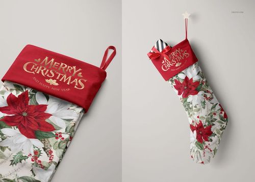 Christmas stocking mockup with red cuff and festive floral pattern, shown from front and top perspectives with gifts inside.