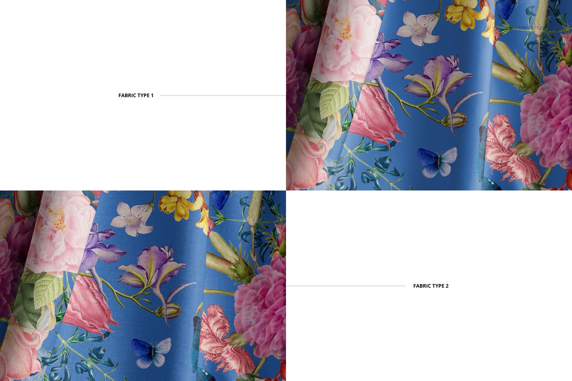 Draped fabric mockup featuring two fabric types with a vibrant floral and butterfly pattern on a blue background.